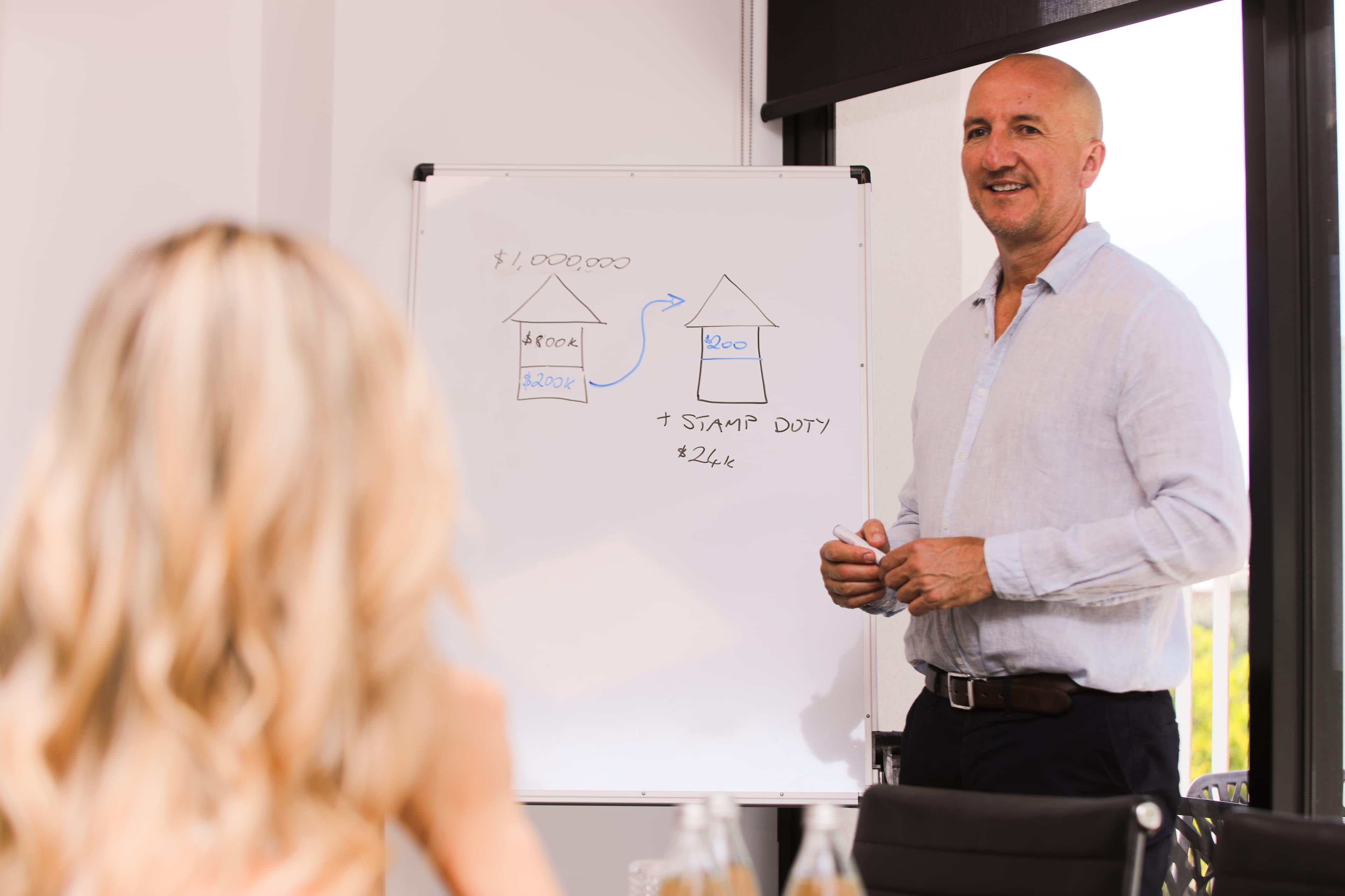 Russell Hall explaining deposit and stamp duty at a whiteboard